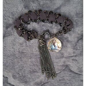 Black & Silver Grey Tassel Iridescent Faux Crystal Ball Toggle Bracelet-EUC